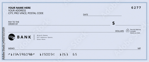 Blue Bank check, vector blank money cheque, checkbook template with guilloche pattern and fields. Currency payment coupon, money check background	