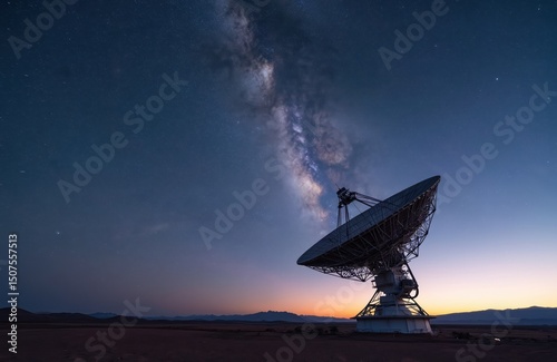 Fototapeta kuchenna Large radio telescope dish under Milky Way galaxy. Night sky astrophotography view. Astronomy research, space exploration, science, tech, communication concepts, wireless radar. New Mexico.