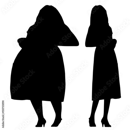Conceptual fat overweight obese female vs slim fit healthy body after weight loss or diet on white background. A  fitness, nutrition or obesity, health shape illustration vector as silhouettes