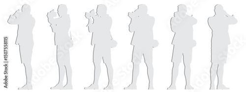Vector concept conceptual  gray paper cut silhouette of a man taking a photo  from different perspectives isolated on white background.  A metaphor for photography, art, creativity, hobby and lifestyl