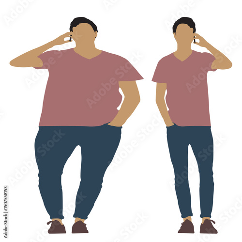 Conceptual fat overweight obese man vs slim fit healthy body after weight loss or diet, white background. A  fitness, nutrition or obesity, health care shape illustration vector as silhouettes