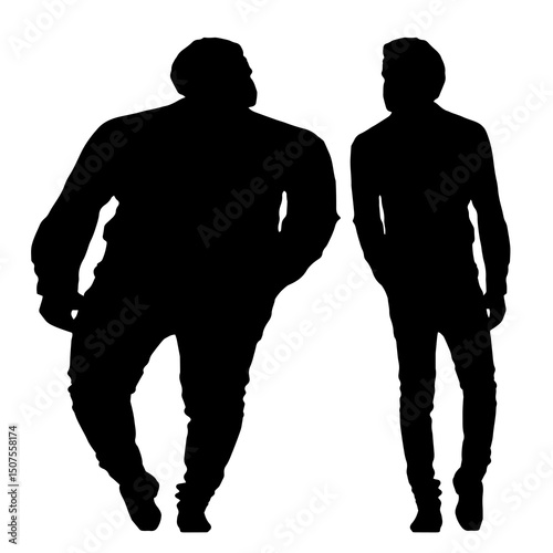 Conceptual fat overweight obese man vs slim fit healthy body after weight loss or diet, white background. A  fitness, nutrition or obesity, health care shape illustration vector as silhouettes