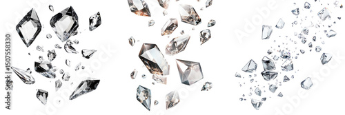 Set of Group of faceted diamonds in mid-fall on a white studio on transparent png background. Ai generated