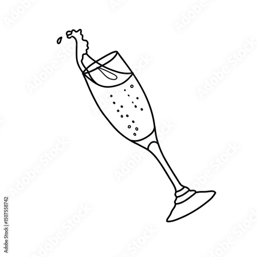 Champagne or Sparkling Wine Glass with splash in doodle style. Vector minimalistic illustration isolated on a background. For New Year or Wedding design.