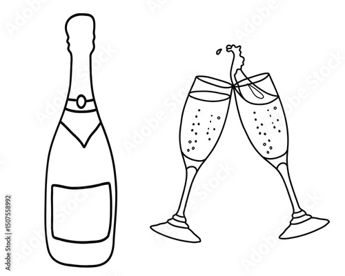Champagne Bottle and two clinking Glasses in doodle style. Vector black and white illustration isolated on a background. Line art.