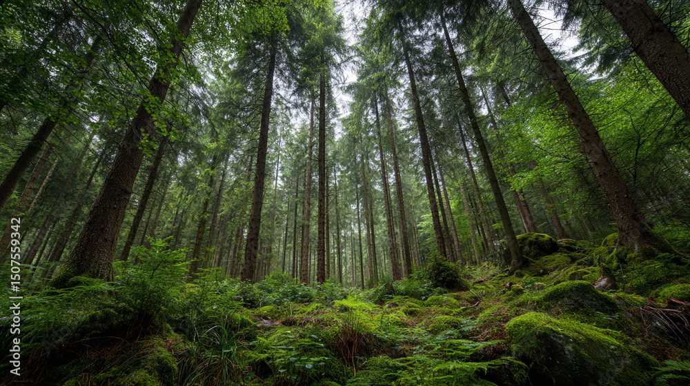 Fototapeta premium A view looking up through a dense forest with tall trees and lush green mossy undergrowth in the woods