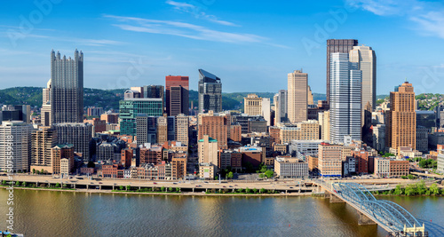 Panoramic aerial view of Pittsburgh city in sunny day in Pittsburgh, Pennsylvania.