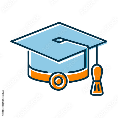 Graduation cap in blue and orange colors with tassel detail  
