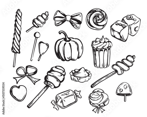 candy collection. Doodle sketch style. Set of various elements doodles. Vector illustration isolated on white background.