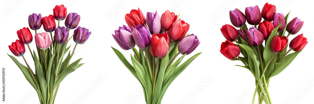 Set of Realistic red and pink tulip bouquet with water droplets on petals on transparent png background. Ai generated Set of Realistic red and pink tulip bouquet with water droplets on petals on transparent png background. Ai generated