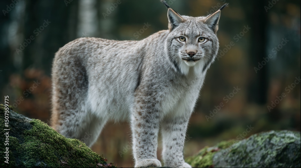 Fototapeta premium Lynx gazing into camera while perched on mossy rock in forest background