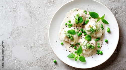 Lutefisk served with creamy sauce and peas on a white plate against a neutral background photo