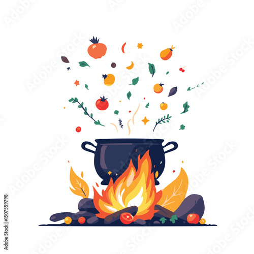 Cooking Explosion with Ingredients – Fire Under Pot Illustration
