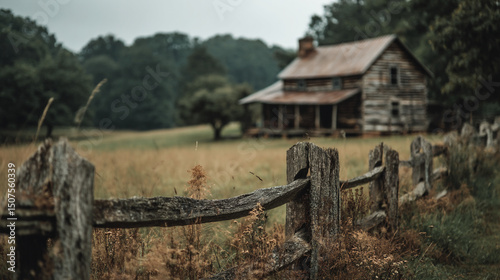 A rustic cabin sits beyond a weathered wooden fence in a rural landscape on an overcast day scene