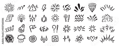 Comic effect icon set, manga doodle elements collection. Retro anime movement, exclamation and emphasis expressions. Doodle emotion of character in comic style