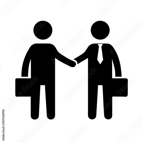 Businessmen Closing Deal – Handshake with Briefcases Icon: Silhouette icon of two businessmen with briefcases shaking hands, perfect for business partnerships, closing deals, & real estate agreements.