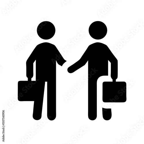 Two Businessmen Shaking Hands – Deal Agreement: Minimalist icon of two businesspeople with briefcases shaking hands, ideal for depicting closing deals, business partnerships, & corporate agreements.