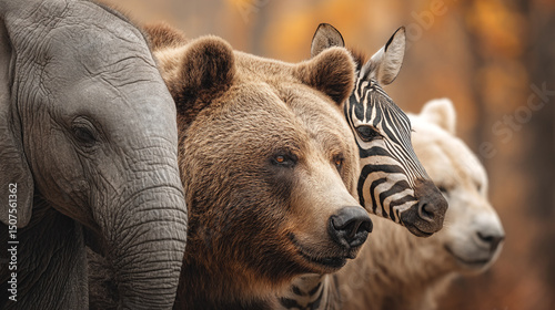 A close up of an elephant, a brown bear, a zebra, and a polar bear in the wild together outdoors