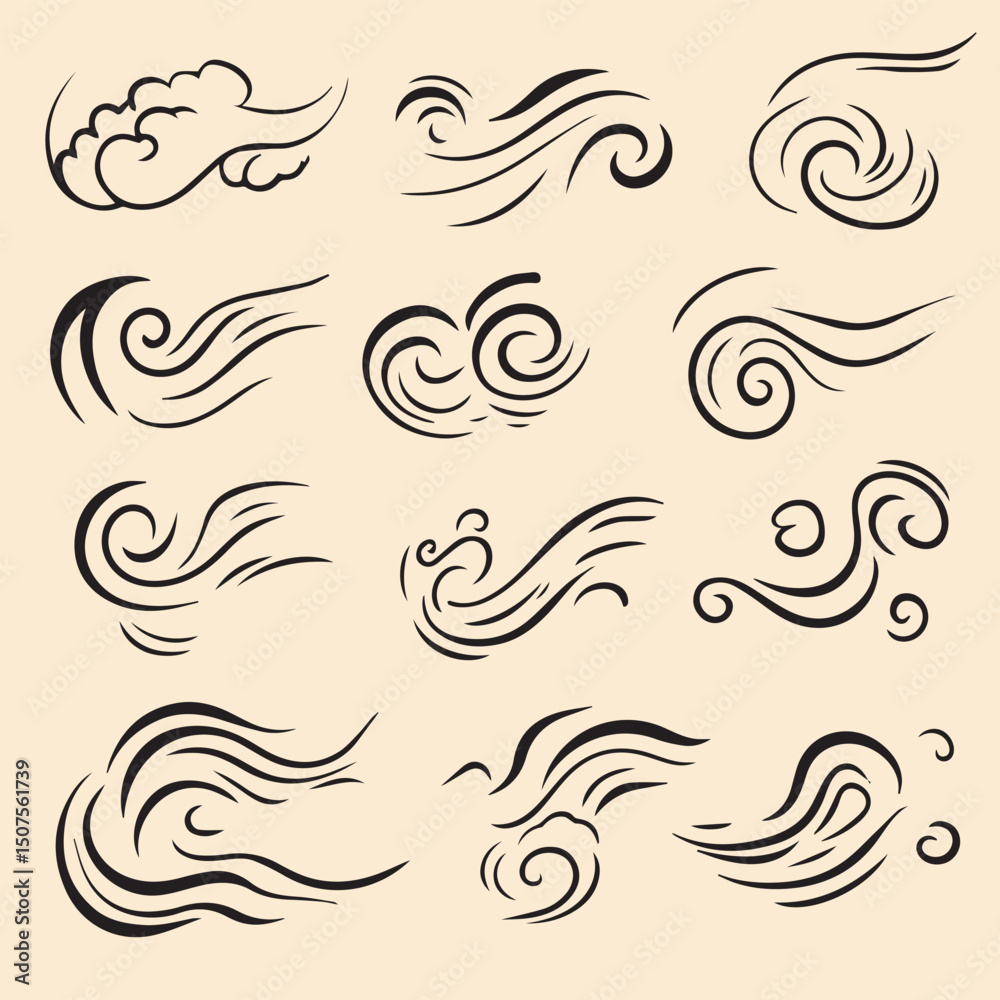 Fototapeta premium Vector illustration set of doodle wind motion