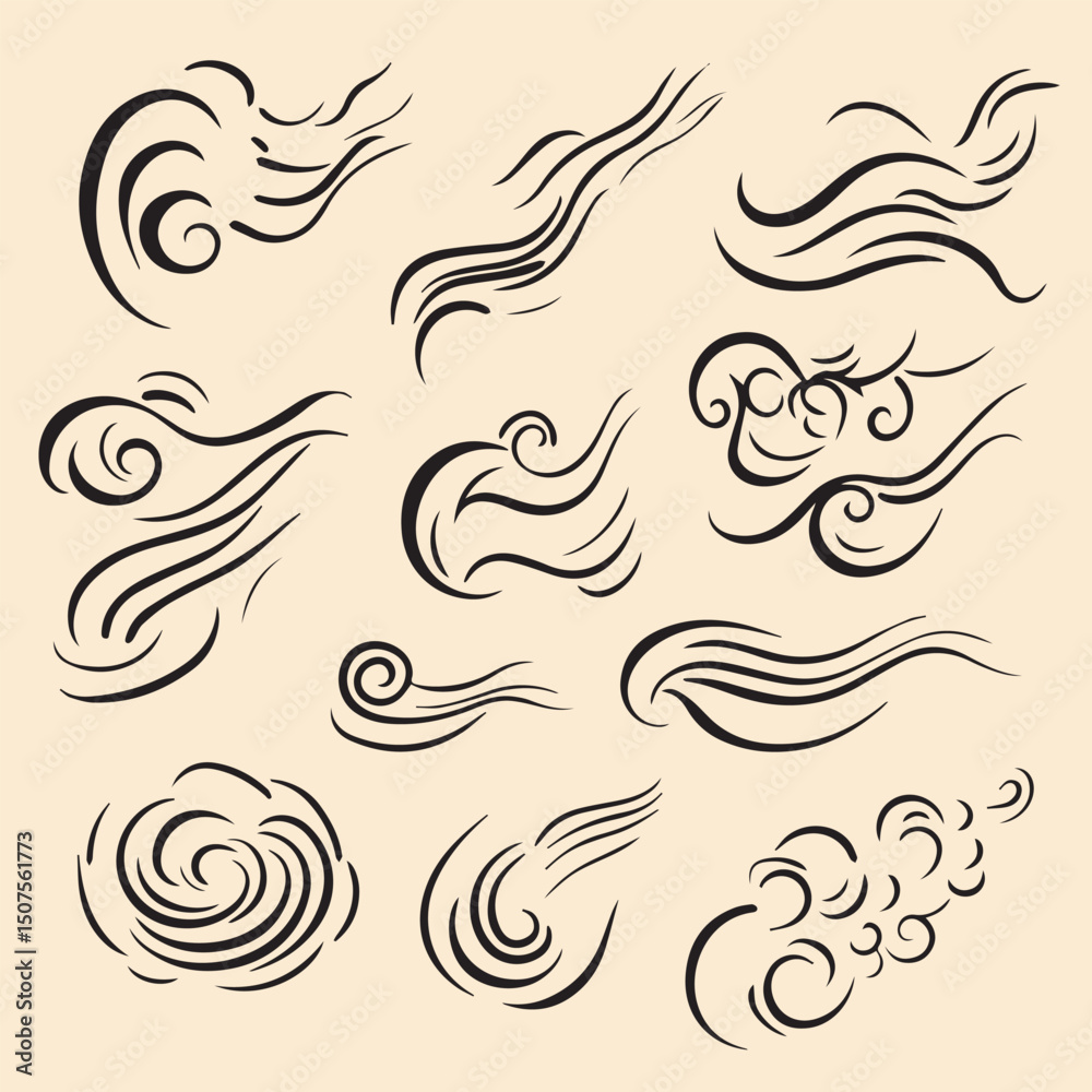 Fototapeta premium Vector illustration set of doodle wind motion