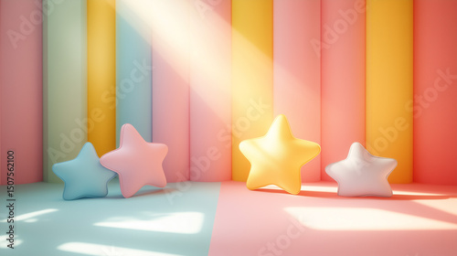 Colorful Star-Shaped Cushions on Pastel Background with Sunlight for Kids Room or Nursery Decor. Generative AI