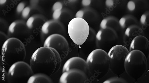 Single White Balloon Standing Out in a Sea of Black Balloons. Generative AI