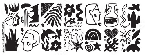 Matisse geometric doodle set organic shapes. Abstract floral naive art. Botanic elements boho aesthetics