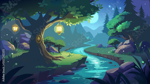 Serene Night Pathway with Glowing Lights Beside a Tranquil Stream and Illuminated Tree Surrounded by Lush Green Foliage in a Dreamy Foggy Landscape