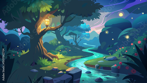 Serene Night Pathway with Glowing Lights Beside a Tranquil Stream and Illuminated Tree Surrounded by Lush Green Foliage in a Dreamy Foggy Landscape