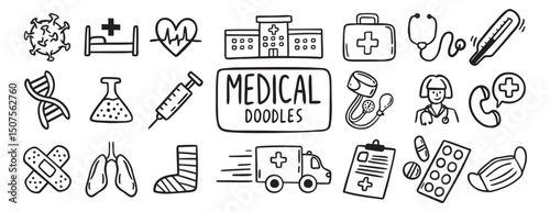 medical health care doodle hand drawn icon set. Outline drawing medical health care items line clipart symbol collection. Outline drawing line clipart symbol collection