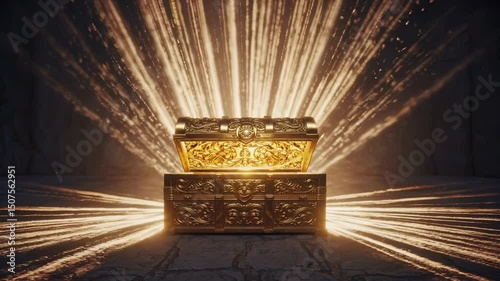 Magical golden chest opening with radiant light bursting out in dark room