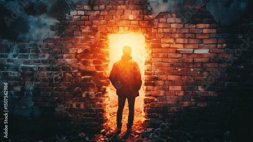 Man Standing in Glowing Passage Through Brick Wall. Artistic Style. Generative AI