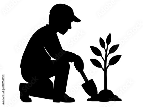 Silhouette of Person Planting a Young Tree with Shovel – Environmental Action, Reforestation, Sustainability, Nature Care, Ecological Responsibility,Green Volunteer Initiatives