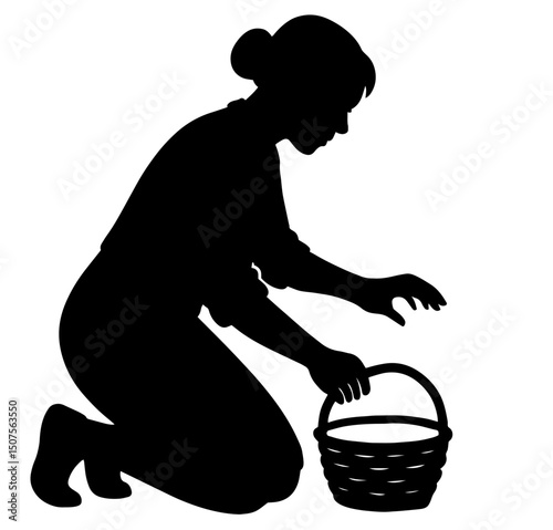 Silhouette of a Woman Kneeling and Gathering Harvest into a Woven Basket, Mindful Harvest, Outdoor Foraging in a Rural Setting