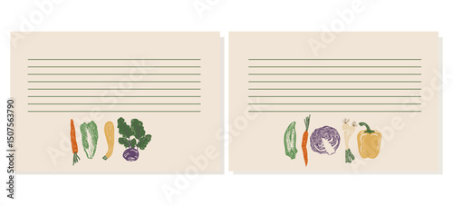 Collection of recipe card or sheet templates for making notes about meal preparation and cooking ingredients. Empty cookbook pages. Vector illustration.