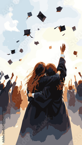Graduates Hugging After Ceremony – Emotional Moment Illustration
