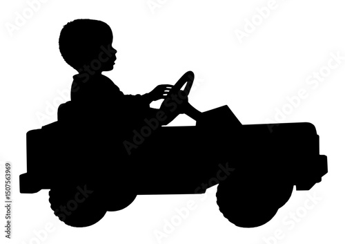 Silhouette of a Child Sitting in a Toy Car – Early Childhood Play, Imagination, Fun Ride, Outdoor Activity, Motor Skills Development, Toy Vehicle