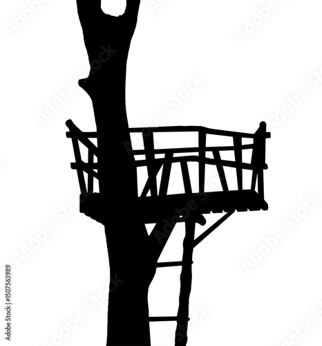 Silhouette of a Treehouse with Ladder – Symbol of Childhood Freedom, Outdoor Play, Nature Adventure, Summer Escape, Imaginative Exploration and Eco-Friendly Living Structure