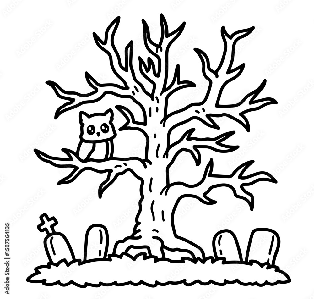 Obraz premium Creepy Bare Tree with Owl Sitting on Branch, Surrounded by Gravestones, Crosses – Spooky Halloween Cemetery Scene at Night, Haunted Forest Atmosphere, Eerie Graveyard for Trick-or-Treat and Scary Deco