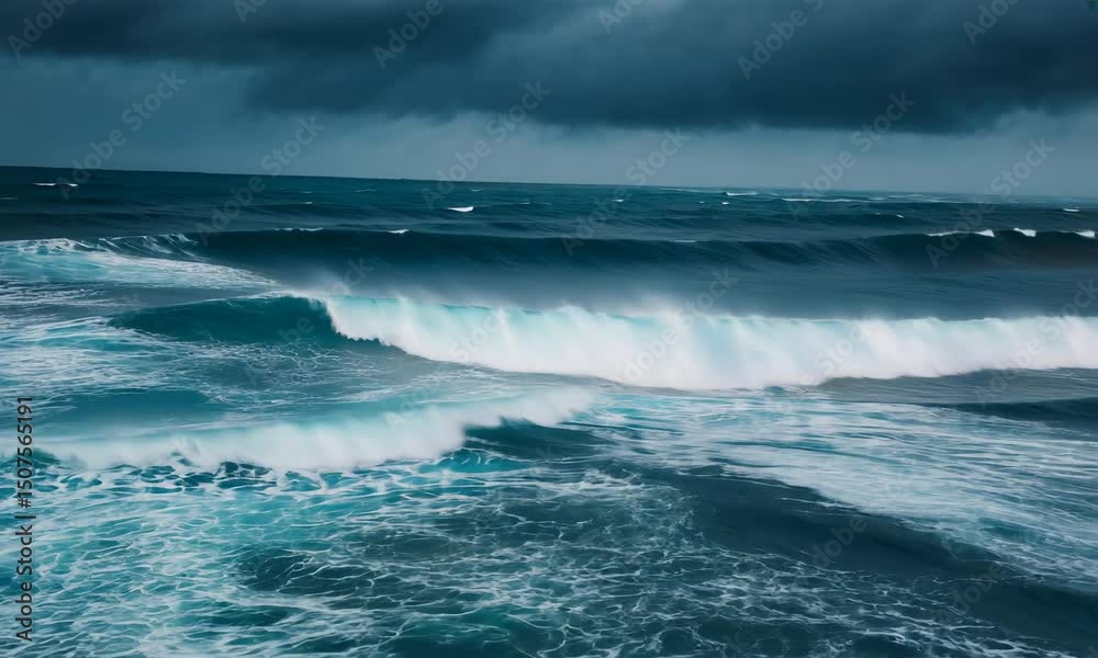 Ocean waves crashing under stormy sky, coastal view Ocean waves crashing under stormy sky, coastal view