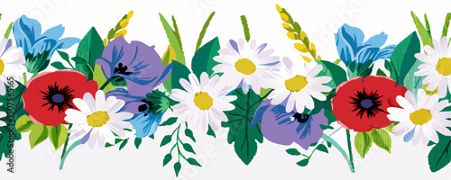 Seamless Floral Border: Daisies, Poppies, and Cornflowers