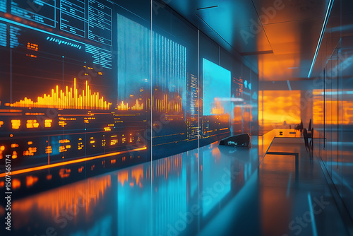 Futuristic data center visualization with glowing charts and information