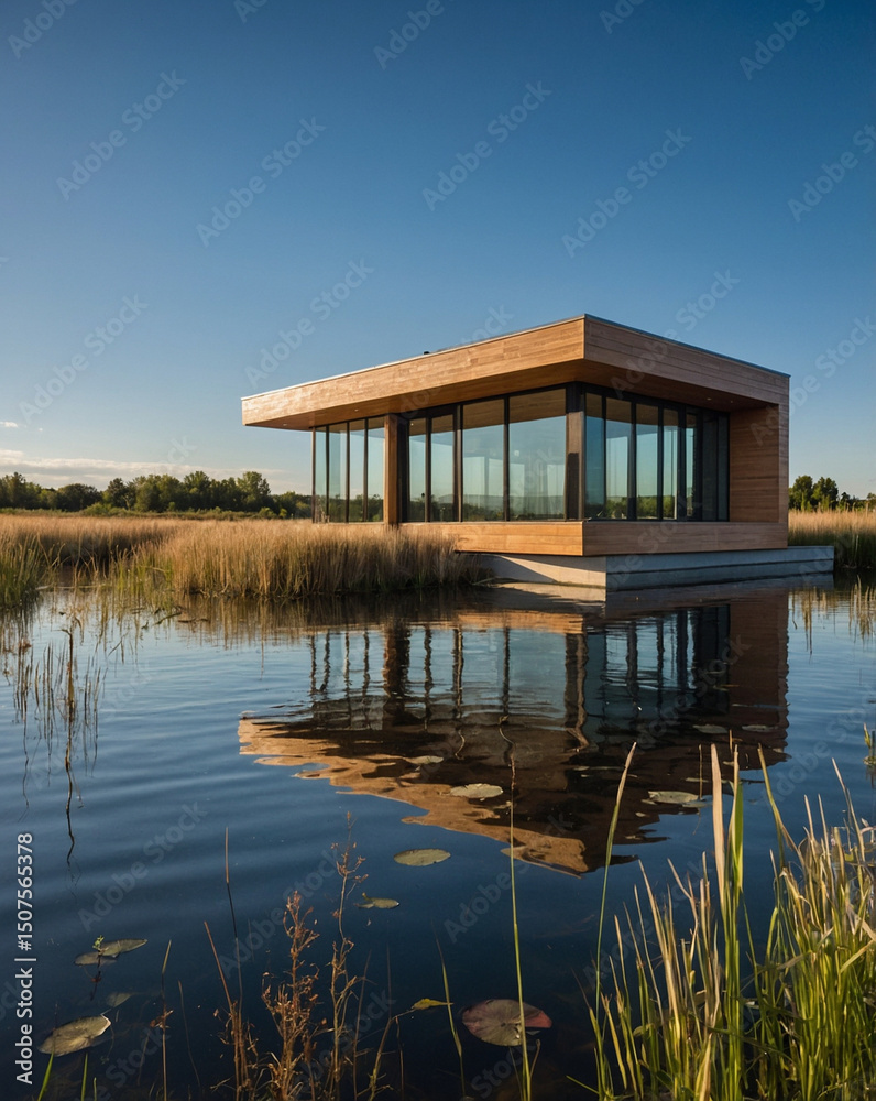 Obraz premium Sustainable Floating House on River with Rooftop Garden