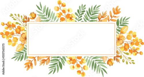 Floral watercolor square frame with yellow mimosas and greenery, frame with gold texture. Hand drawn illustration of botanical 
