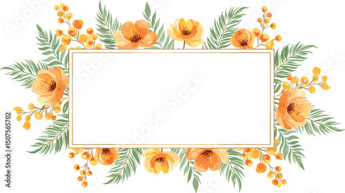 Floral watercolor square frame with yellow mimosas and greenery, frame with gold texture. Hand drawn illustration of botanical 