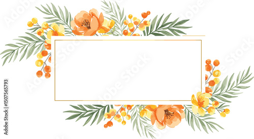 Floral watercolor square frame with yellow mimosas and greenery, frame with gold texture. Hand drawn illustration of botanical 