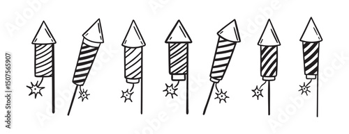 fireworks rocket doodle hand drawn icon set. Outline drawing fireworks rocket line clipart symbol collection