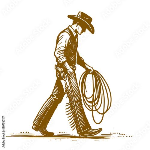 Western Cowboy Holding Rope Vector Illustration