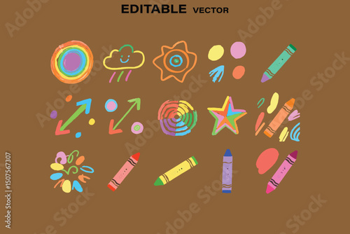 Colorful Hand Drawn Crayon Style Vector Graphics for Kids and Creative Designs on Brown Background