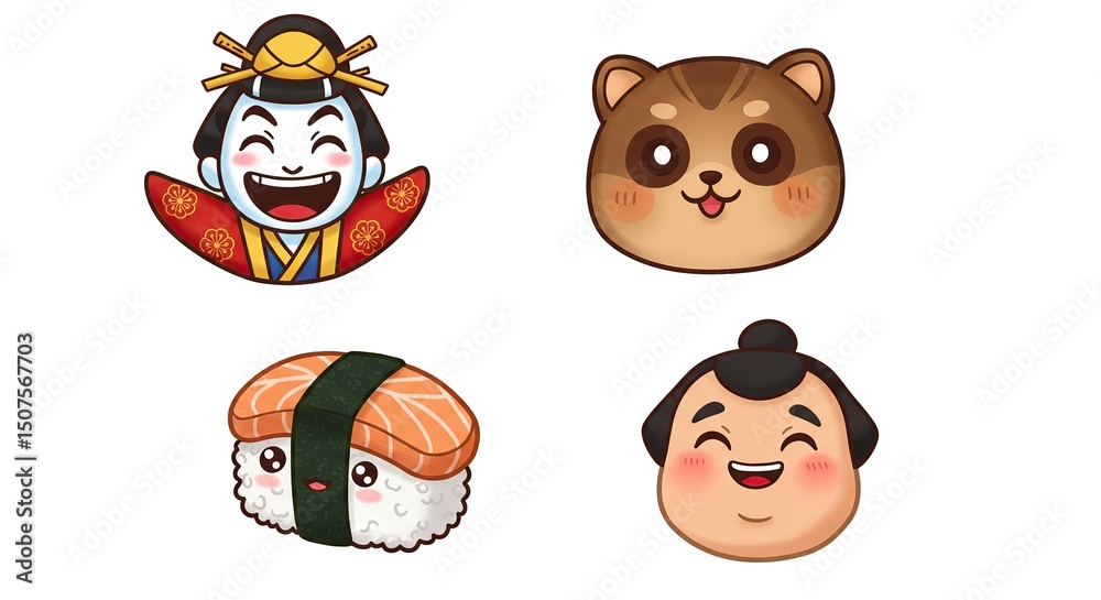 Obraz premium Set of Cute Japanese Themed Cartoon Icons - Kawaii Kabuki, Raccoon, Sushi, and Sumo Characters for Cultural and Food-Related Designs.